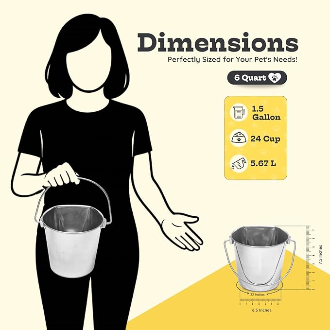 6 Quart Stainless Steel Flat Side Bucket | Durable Heavy Duty Food & Water Feeding Pails for Dog Cat Goat Sheep | Fits kennels Cages Critter Crates Hanging Pet Pail | Multipurpose Buckets