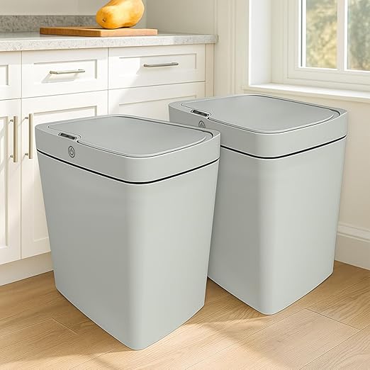 Two Gray Smart Sensor Trash cans with a Capacity of 3.2 gallons, Supporting Multiple Opening Methods, Waterproof Design, Anti Odor Design, Fast Response, Suitable for Kitchens,bedrooms,Offices, etc