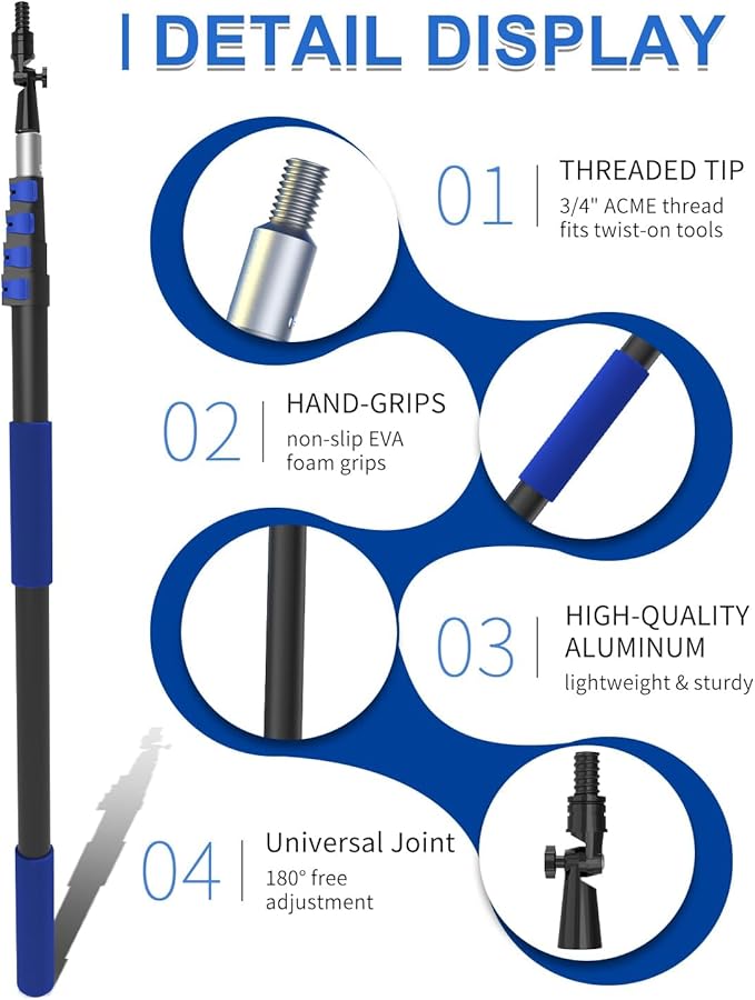 26 Foot High Reach Duster Kit with 5-19 ft Telescoping Extension Pole, High Ceiling Duster, Cobweb Duster, Window Squeegee, Feather Duster, Outdoor & Indoor Extendable Duster Cleaning Kit