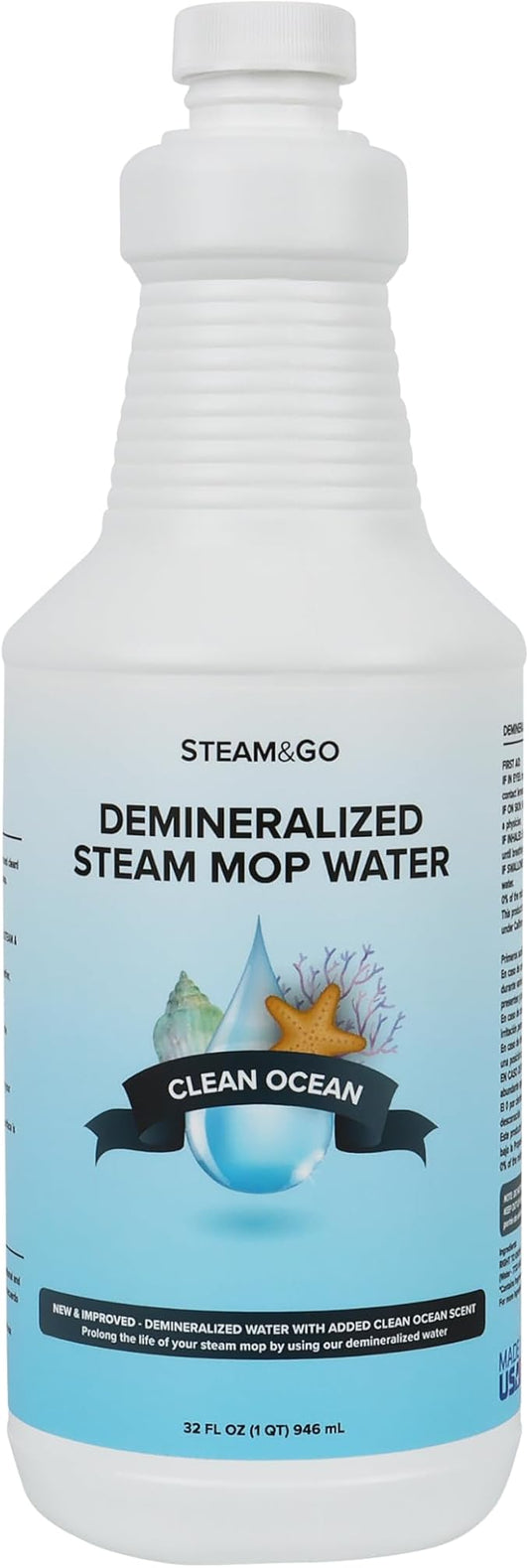 Steam & Go Demineralized Water - Multisurface Cleaner, PVC-Free Ready-to-Use for Mops & Floor Steamers - Ideal for Kitchen, Bathroom, & Home Surfaces - Clean Ocean Scent - 32oz (Pack of 1)