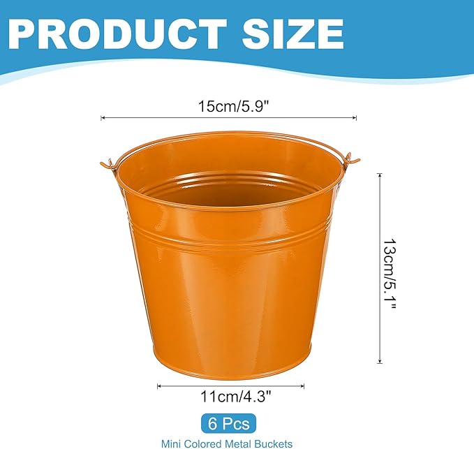 PATIKIL 6"x5" Small Metal Buckets with Handle, 6 Pcs Mini Bucket Easter Buckets, Orange