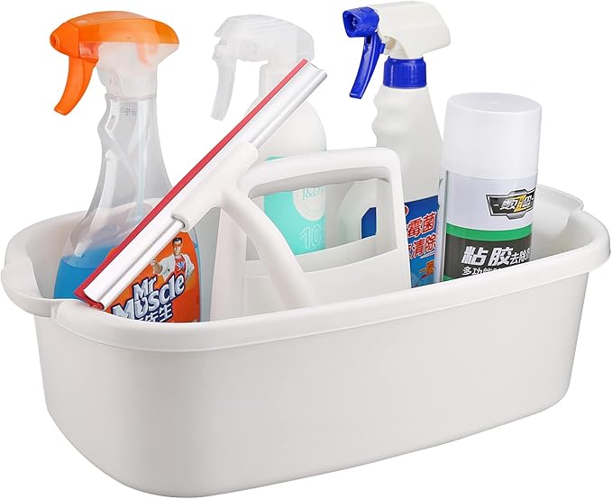 Cleaning Supplies Caddy, Household Tool Organizer with Handle, Portable Plastic Bucket for Shower Essentials Storage, White