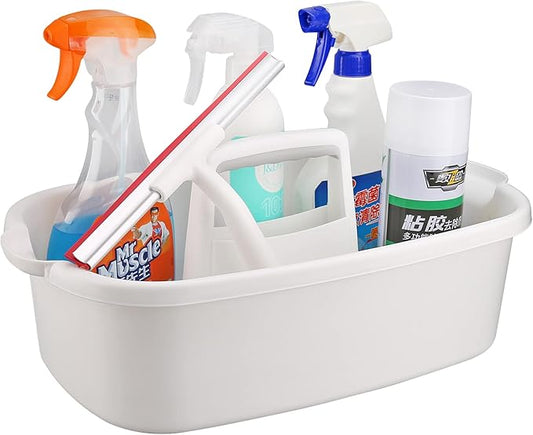 Cleaning Supplies Caddy, Household Tool Organizer with Handle, Portable Plastic Bucket for Shower Essentials Storage, White