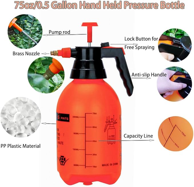 2 Pack Pump sprayers in Lawn and Garden, 2L Handheld Garden Pump Sprayer 0.5 Gallon Water Mist Spray Bottle for Plants, Weed Sprayer with Adjustable Brass Nozzle (2L Orange)