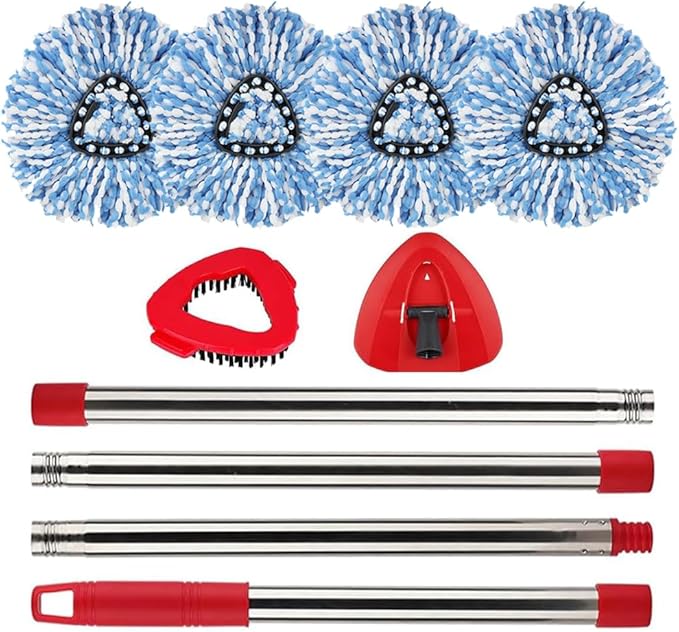 RinseClean Spin Mop Head Refill for Vileda EasyWring 2-Tanks System - Rotating Microfiber Triangle Replacement Pads Washable & Reusable fit All Floor - 4 Cloth 1 Mop Base 1 Handle and 1 Brush