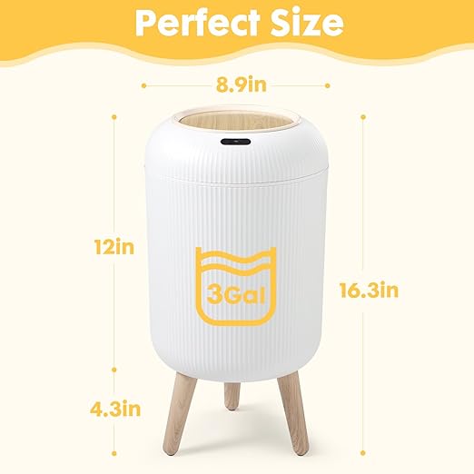Automatic Motion Sensor Bathroom Trash Can with Lid, 3 Gallon / 11L Touchless Trash Garbage Bin with Removable Legs for Kitchen, Bedroom, Office, Small Trash Cans Trashcan Wastebasket-White