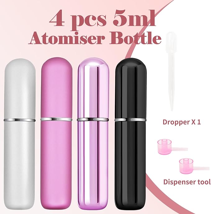 4pcs Mini Perfume Travel Bottle, Perfume Atomiser Refillable, 5ML Spray Bottles, Portable for Travel Holiday Women Man