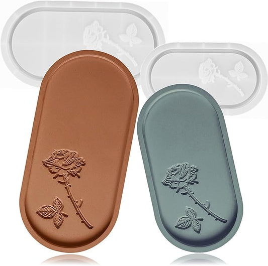Wehous Oval Tray Molds for Resin Concrete, 2 Size Rose Carved Oval Silicone Mold, Tray Epoxy Resin Casting Mold for Jewelry Holder Bathroom Vanity Tray Candle Holder Storage Floral Crafts Gift