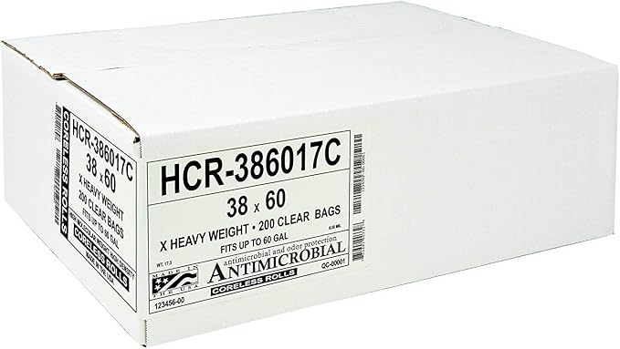 Aluf Plastics High Density Trash Bags, 60 Gallon, 200 Count, 14 Micron (eq), 38" x 60", Clear, for Bathroom, Office, Industrial, Commercial, Janitorial, Municipal, Recycling