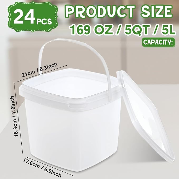 Mifoci 24 Pcs 5 Qt/ 169 Oz/ 5 L Plastic Food Containers, 1.24 Gallon Ice Cream Buckets with Lids and Handle Reusable Square Deli Containers Freezer and Microwave Safe for Kitchen Food Drinks Storage