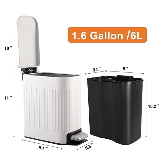 TrashAid Slim Bathroom Trash Can with Lid Soft Close, 6 Liter/1.6 Gallon Stainless Steel Small Garbage Can with Removable Inner Bucket, Step Pedal, Slim Wastebasket for Toilet, Office, Bedroom, White
