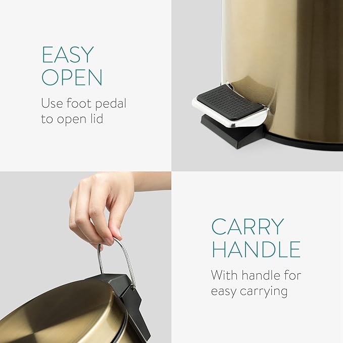 Navaris Small Gold Trash Can - 1.3 Gallon (5 Liter) Trash Can with Step Pedal, Lid and Removable Inner Bucket for Bathroom Kitchen Office or Bedroom