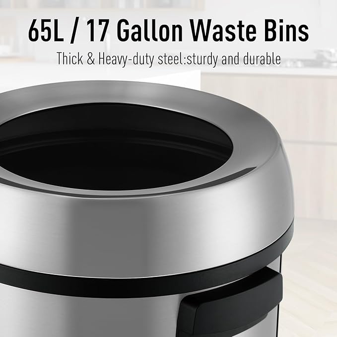 Towallmark 65L/17Gal Heavy Duty Open Top Commercial/Kitchen Trash Can, Fingerprint-Resistant Waste Bin for Office Bedroom Restaurant, Brushed Stainless Steel