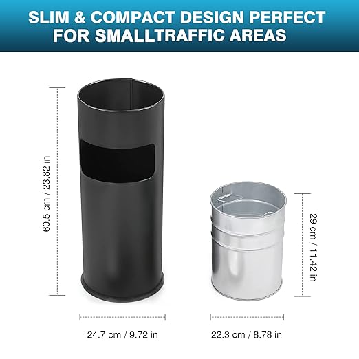 IRONWALLS Indoor Outdoor Trash Can with Lid, Black Stainless Steel Garbage Can, Removable Inner Bucket, Round Commercial Waste Bin Container Trash Receptacle for Office, Hotel
