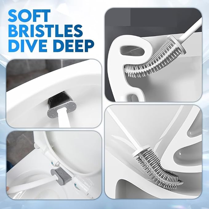 Silicone Toilet Brush and Holder Set – Pack of 2 Wall Mounted Toilet Scrubber Brush White – Long Non-Slip Handle, Modern Design, Flexible Bristles for Easy Cleaning