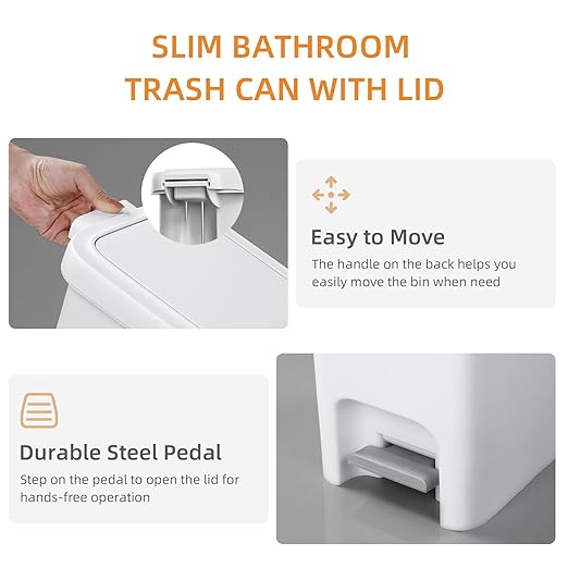 MOPALL Bathroom Trash Can with Lid Soft Close, 16.5L/4.4Gal Slim Trash Can with Pop-Up Lid & Step On Foot Pedal, Garbage Can Waste Bin Trash Bin Wastebasket for Home Kitchen Garage Apartment Office RV