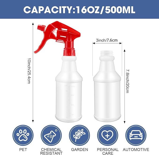 10 Pack Spray Bottles 16 oz Empty Water Spray Bottles for Cleaning Heavy Duty Refillable Squirt ‌Container with Measurements Adjustable Nozzle for Household(Red)