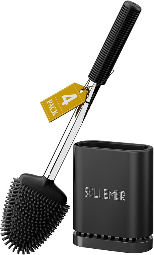 Sellemer Toilet Brush and Holder Set - Flexible Toilet Bowl Brush Head with Silicone Bristles, Compact Size for Storage and Organization, Ventilation Slots Base (4 Pack, Black)