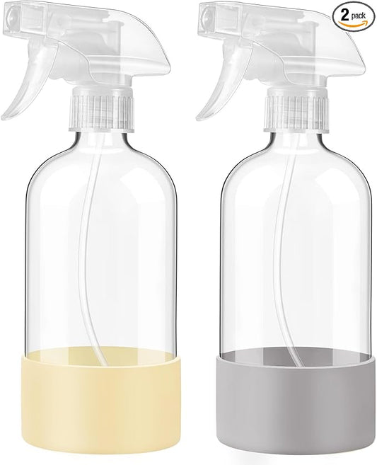 JohnBee Glass Spray Bottles with Silicone Sleeve, 2 Pack16 oz Empty Refillable Containers with Adjustable Spray Nozzles, Spray Bottles for Hair, Cleaning Solutions and Plants Pale Yellow&Grey