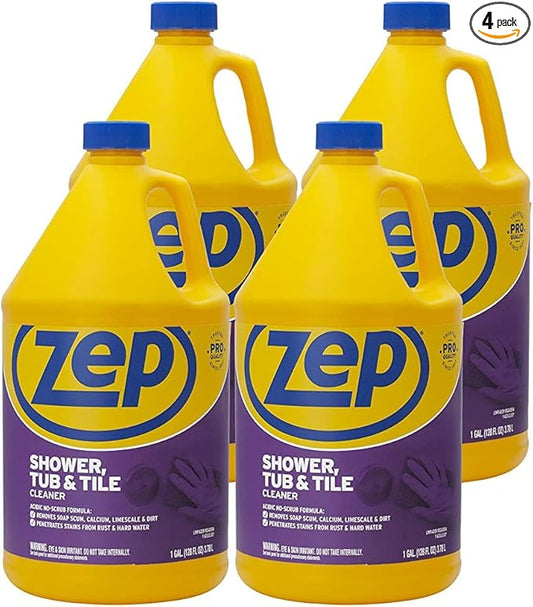 Zep Shower, Tub and Tile Cleaner - 1 Gallon (Case of 4) ZUSTT128 - No Scrub Pro Formula with Acid, Breaks Up Tough Buildup on Contact, Revealing Squeaky Clean Results