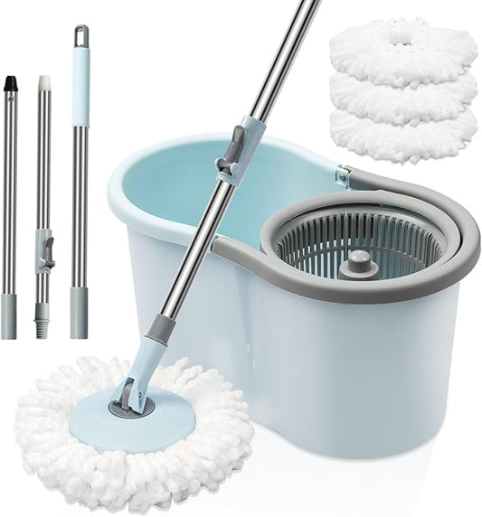 Spin Mop and Bucket with Wringer Set, 360° Spinning Mop Bucket System with 3 Microfiber Mop Replacement Heads and 50" Stainless Steel Adjustable Handle for Floor Cleaning (15QT)