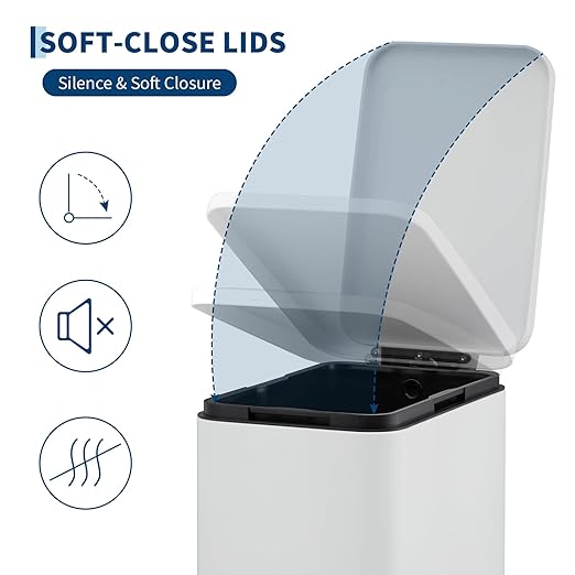 Garvee 13 Gallon Kitchen Trash Can, Stainless Steel Step Garbage Bin with Soft-Close Lid & Removable Bucket, Fingerprint Proof, Slim for Narrow Spaces, Bathroom or Office (White+Silver, 13 Gallon)