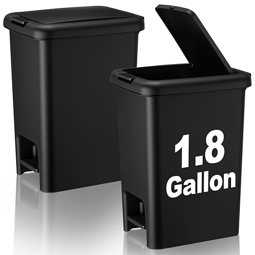 LemonRoad 2 Pack 1.8 Gallon Slim Bathroom Trash Can with Lid Soft Close 6.5 L Step on Plastic Trash Can with Odor Protection Hands Free for Corner, Kitchen, Office, Bedroom