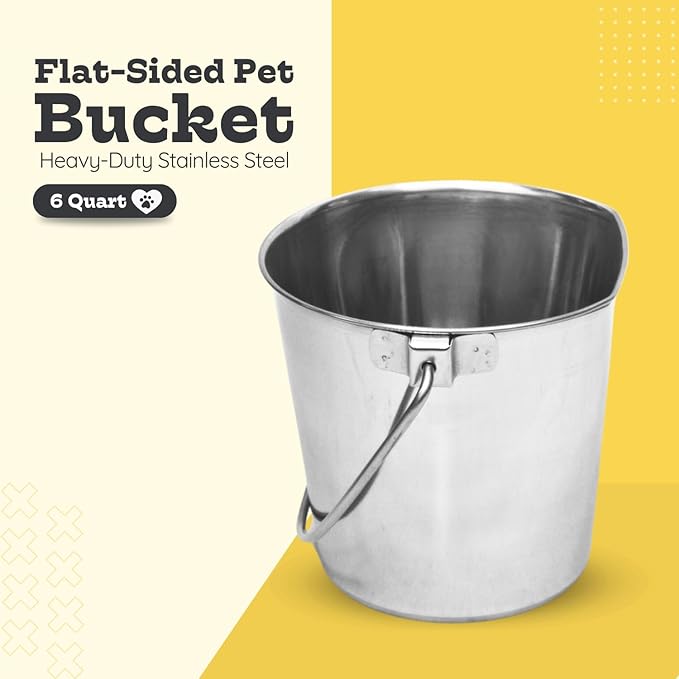 6 Quart Stainless Steel Flat Side Bucket | Durable Heavy Duty Food & Water Feeding Pails for Dog Cat Goat Sheep | Fits kennels Cages Critter Crates Hanging Pet Pail | Multipurpose Buckets