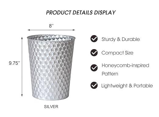 Small Metal Trash Can Wastebasket, Decorative Honeycomb Garbage Can Waste Basket, Modern Farmhouse Round Trash Bin for Bathroom, Bedroom, Kitchen and Office (Silver)
