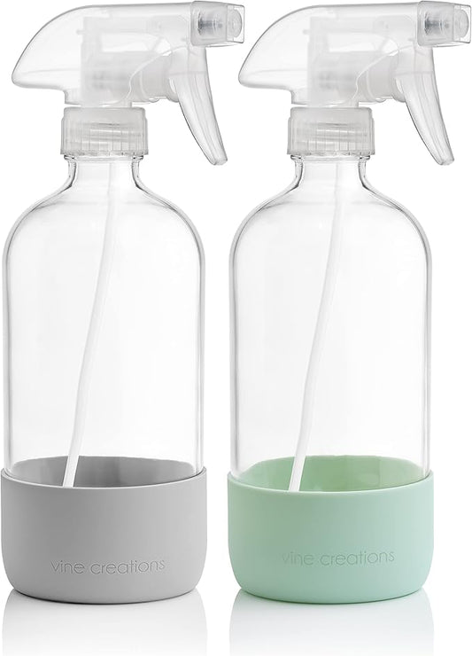 Vine Creations Glass Spray Bottles for Cleaning Solutions, Clear Glass Spray Bottle with Silicone Sleeve, 16 oz Empty Spray Bottles for Cleaning, Plant Spray Bottle, Mist and Stream Nozzle - 2 Pack