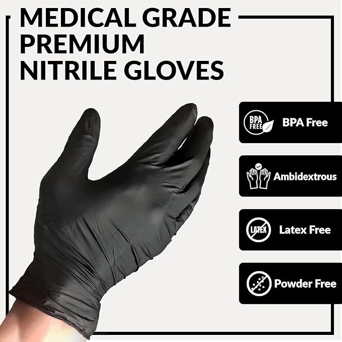 Klex Nitrile Exam Gloves - Medical Grade, Powder & Latex Free, Food Safe, Black, 100, 1000 Count, S, M, L, XL