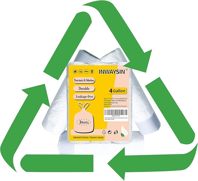 Small Trash Bags 4 Gallon Drawstring, Inwaysin 4 Gallon Trash Bag Extra Strong, Small Garbage Bags for Bathroom Can Bedroom Office Can, Unscented, Quick Cinch,15-18L, White, 54Count