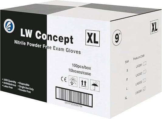 LW Concept - Black Nitrile Examination Gloves - Latex & Powder-Free, Disposable, Strong, Healthcare, Food Handling (Medium)