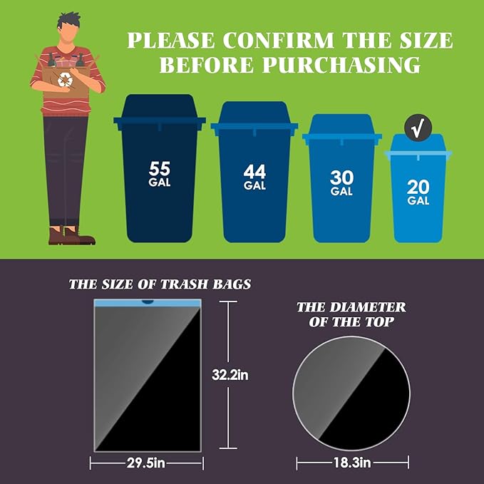 Teivio 20 Gallon 60 Counts (fit 18-20 Gal) Large Drawstring Trash Bags Strong Tall Kitchen Compactor Bags Garbage Bags for Home/Office/Light Residential Waste/Outdoor Trash Can, Lawn，Black Trash Bags