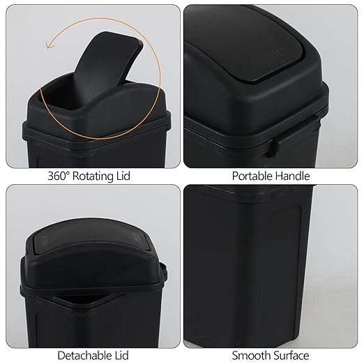 1.8 Gallon Plastic Trash Can, Small Swing Top Trash Can, Black