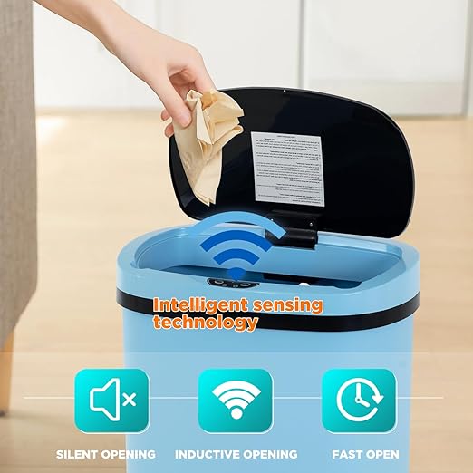 BestOffice | 13 Gallon Plastic Trash Can with Lid | Blue | Automatic Touchless Garbage Can | Odor Control | Modern Oval Design | Easy to Clean | Fits Any Kitchen, Bathroom, Office or Home