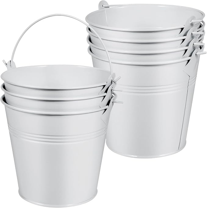 OBTANIM 7 Pack White Metal Buckets with Handle Galvanized Ice Pails for Plants, Succulents, Party Favors Organizing, Rustic Home Decor or Classrooms Pencil Storage (5.1 x 3.6 inch)