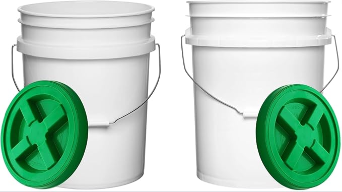 House Naturals Food Grade 5 Gallon Made in USA Plastic Bucket with Air Tight Screw on Lid (White Buckets with Green Lids)