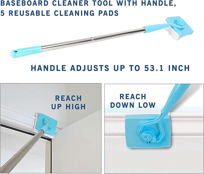 Baseboard Cleaner Tool with Handle [in Stock US], 5 Reusable Cleaning Pads by KnUVSA, Retractable Handle, Used for Bathroom Microfiber Cleaning, Molding Cleaner Tool, 6 Piece Set
