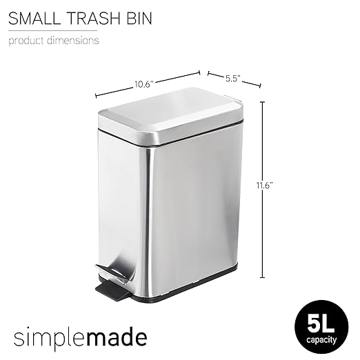 simplemade Rectangle Step Trash Can - 5 Liter / 1.3 Gallon - Stainless Steel Bathroom Trash Can | Small Trash Can with Lid | Office Trash Can | Garbage Can with Lid | Metal Wastebasket (Steel)