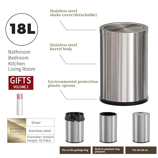 4.7 Gallon/18L Stainless Steel Bathroom Trash Can,Silver Garbage Bin with Swing Lid,Round,Elegant Waste Basket,for Toilet,Kitchen,Living Room,Hotel,Home (18L-Silver)