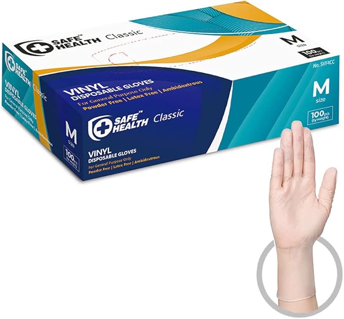 Safe Health Vinyl Disposable Gloves, Food Grade, Latex Free, Powder Free, Clear, 3 Mil, Housework, Cleaning