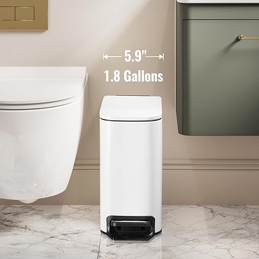 Slim Bathroom Trash Can with Lid Stainless Steel Garbage Can with Removable Inner Bucket Small Wastebasket with Step Pedal for Toilet Office Bedroom (Matte White, 1.8 Gallons)