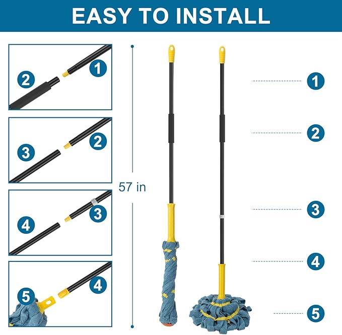 KeFanta Self-Wringing Twist Mop, Microfiber Cloth Wet Mops for Floor Cleaning, 57" Long Handle Floor Mop with Top Scouring Pad for Kitchen Hardwood Restaurant Bathroom Garages Warehouses Office