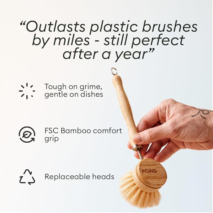 Vove Magnetic Scourer & Bamboo Dish Brush Set, Stainless Steel Scrubber with FSC-Certified Bamboo Handle and 3 Pads, Sisal Fiber Brush, for Cast Iron, Pots & Pans, Eco-Friendly Kitchen Cleaning Bundle