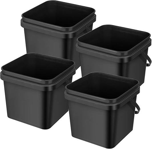 4 Pcs Plastic Bucket 5 Quart Square Bucket Utility Small Pail with Handle Sturdy Pail Organizer for House Cleaning Storage Livestock Feeding Car Washing Food Storage, No Lids(Black)