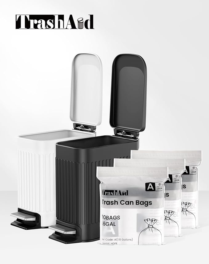 TrashAid 1.6 Gallon Small Trash Bags, 90pcs Mini Bathroom Garbage Bags, 6 Liter Waste Basket Liners for Bathroom, Office, Fit 0.8-1.6 Gal, White, Code A