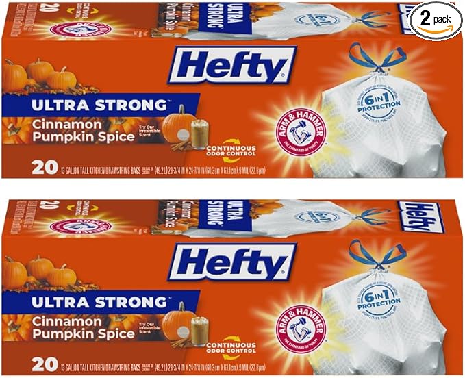 Hefty Ultra Strong Tall Kitchen Trash Bags, Cinnamon Pumpkin Spice Scent, 13 Gallon, 20 Count (Pack of 2)