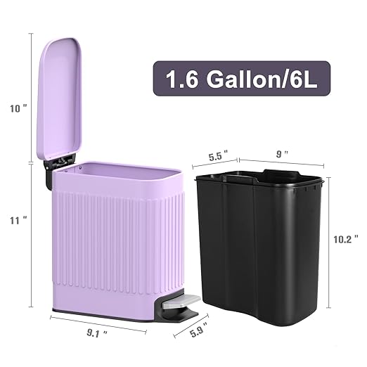TrashAid Slim Bathroom Trash Can with Lid Soft Close, 6 Liter/1.6 Gallon Stainless Steel Small Garbage Can with Removable Inner Bucket, Step Pedal, Slim Wastebasket for Toilet, Office, Bedroom, Purple
