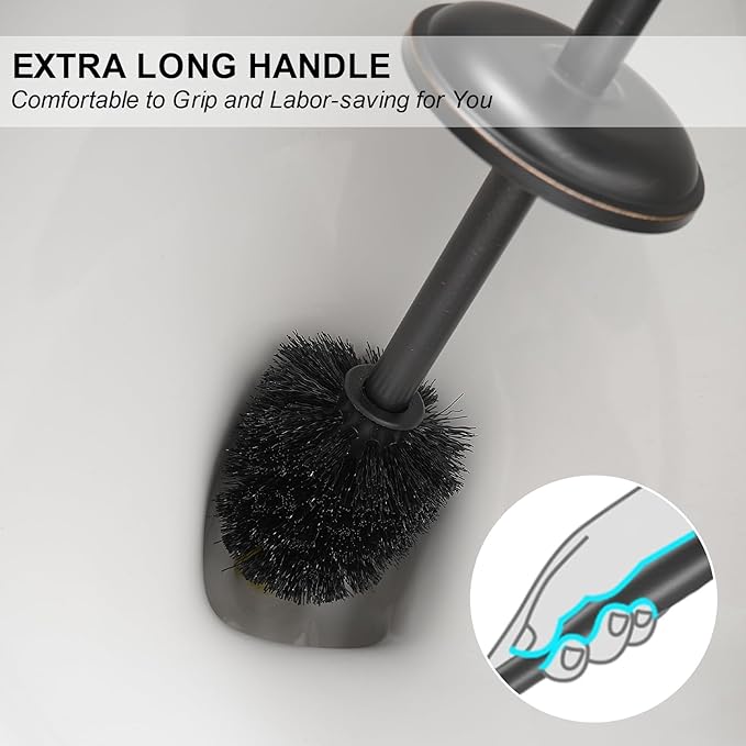 BESy Toilet Brush and Holder, Toilet Cleaner Bowl Set with Two Brush with Extra Long Handle, Durable Bristles Toilet Scrubber and Covered Holder, Drip-Proof Stainless Steel Oil Rubbed Bronze